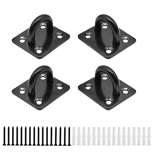 HOMPER 4 Pcs M6 Pad Eye Plates Black,304 Stainless Steel Marine Hardware Staple Hook Loop with 16 Screws and Plastic Plugs, Used for Hanging Basket Planters, Roof Beam, Ceiling Fan, Shade Sail - Image 1