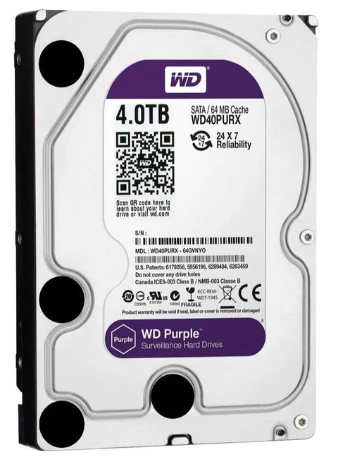 قرص صلب ويسترن ديجيتال للمراقبة – سعة 4 تيرابايت WD40PURZ – ساتا 3.5 إنش، اللون البنفسجي – مخصص لأجهزة DVR/NVR