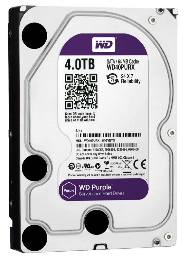 الرقمية الغربية قرص صلب ويسترن ديجيتال للمراقبة – سعة 4 تيرابايت WD40PURZ – ساتا 3.5 إنش، اللون البنفسجي – مخصص لأجهزة DVR/NVR  - Image 1