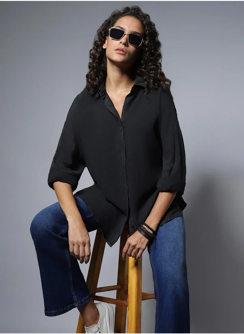 HIGH STAR Oversized Black Solid Longline Shirt for Women with Full Sleeves