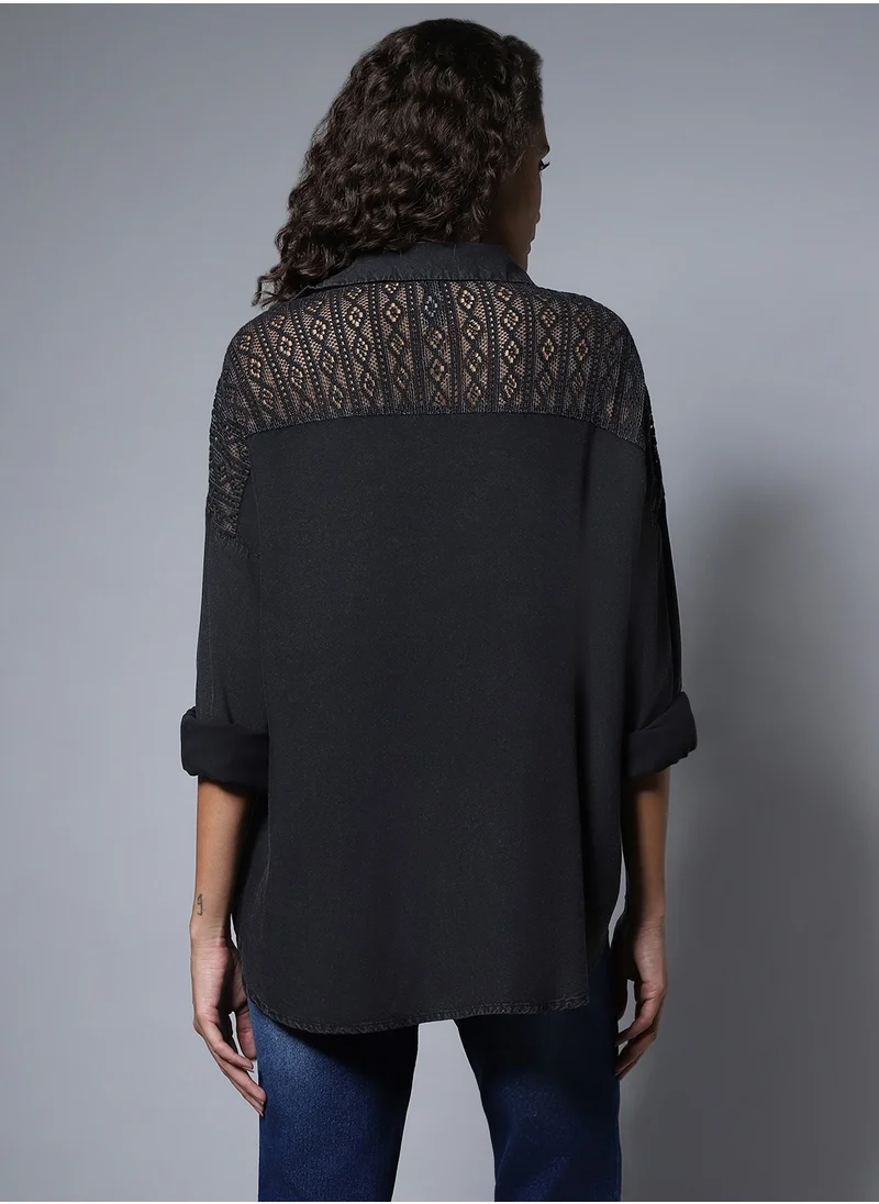HIGH STAR Oversized Black Solid Longline Shirt for Women with Full Sleeves