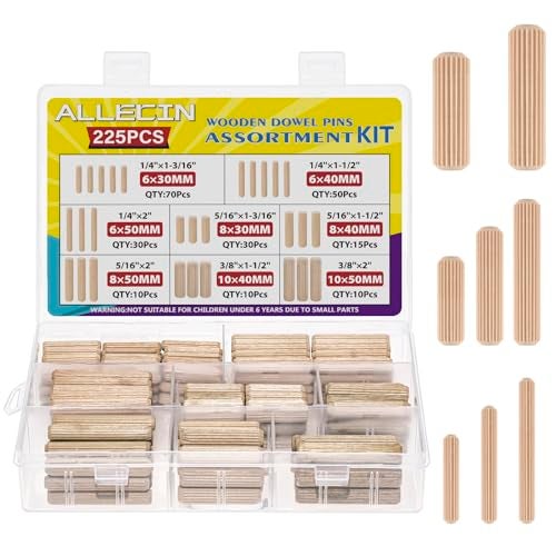 ALLECIN 8 Values Wood Dowels Kit 1/4 3/8 5/16 Inch Fluted Wooden Dowel Pins Pegs Assortment for Furniture Woodworking DIY Crafts (Pack of 225Pcs) - Image 1