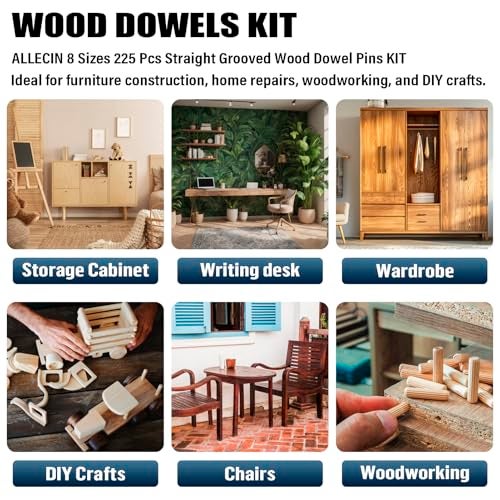 ALLECIN 8 Values Wood Dowels Kit 1/4 3/8 5/16 Inch Fluted Wooden Dowel Pins Pegs Assortment for Furniture Woodworking DIY Crafts (Pack of 225Pcs) - Image 5