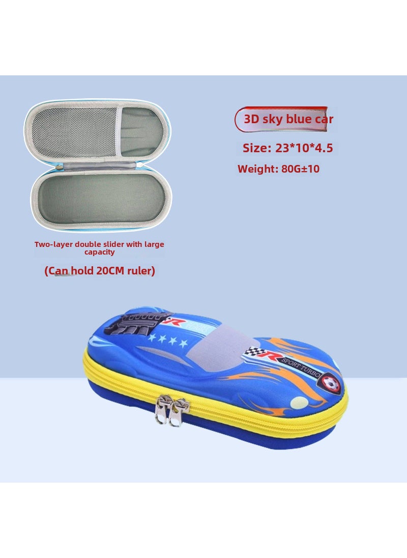 Generic - Cartoon Primary School Childrens Pencil Bag 3D Cute Male and Female Stationery Box Large Capacity Creative Pencil Bag Pencil Box Prizes3D sky blue car-two layers of cloth 3D sky blue car-two layers of cloth - Image 1