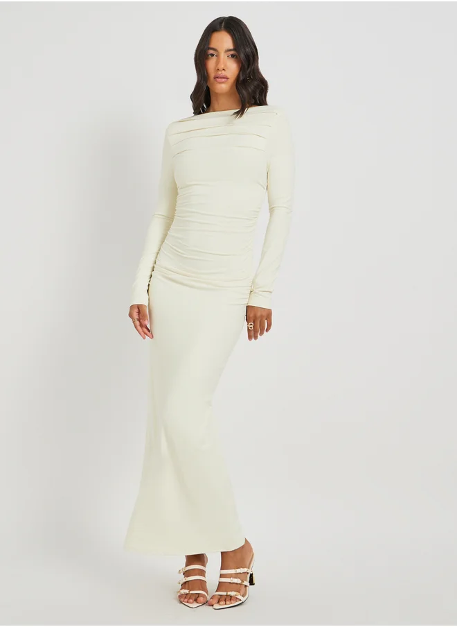تايك تو Take Two Solid Ruched Boat Neck Sheath Maxi Dress