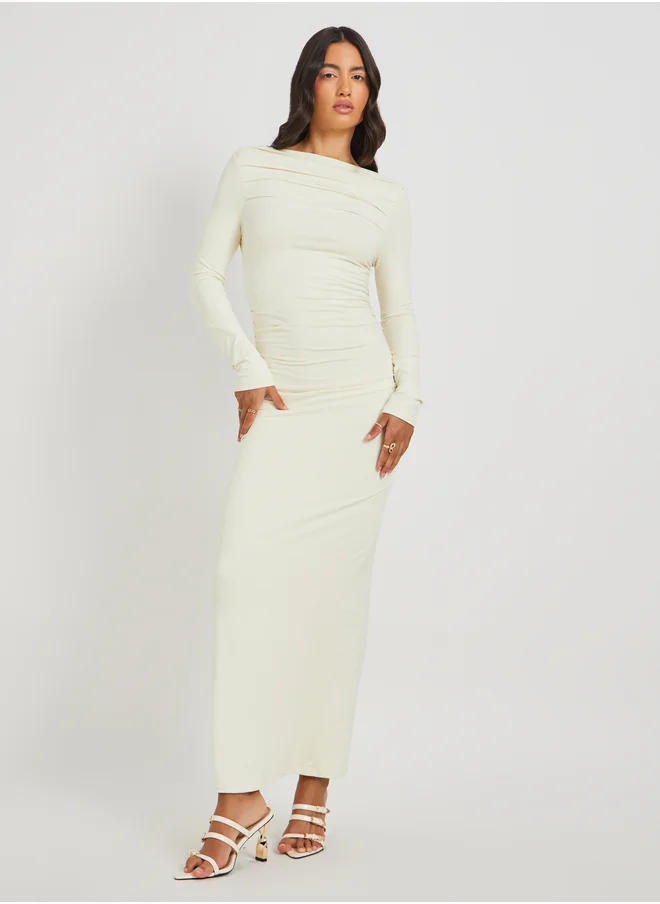 تايك تو Take Two Solid Ruched Boat Neck Sheath Maxi Dress