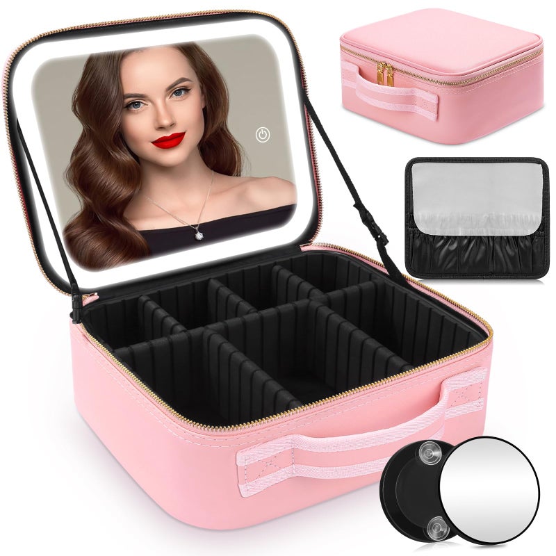 Suupvaor Travel Makeup Bag with LED Mirror, Cosmetic Organizer Case with Adjustable Compartments, Waterproof Makeup Bag with Mirror and Lights - Image 1