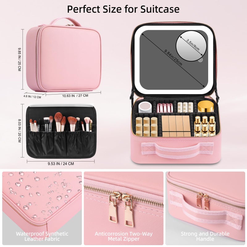Suupvaor Travel Makeup Bag with LED Mirror, Cosmetic Organizer Case with Adjustable Compartments, Waterproof Makeup Bag with Mirror and Lights - Image 2