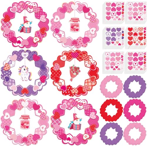 Lonfliness 24 Sets Valentines Wreath Craft for DlY Hanging Decor Valentine's Day Round Paper Wreath Craft Ornament with Heart Stickers Valentines Party Supplies for School Classroom Activities - Image 5