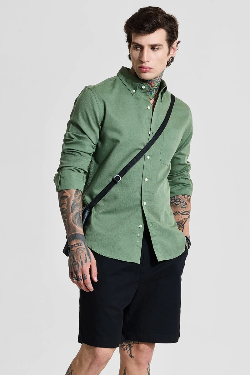 SNITCH Green Solid Long Sleeve Slim Fit Casual Shirt