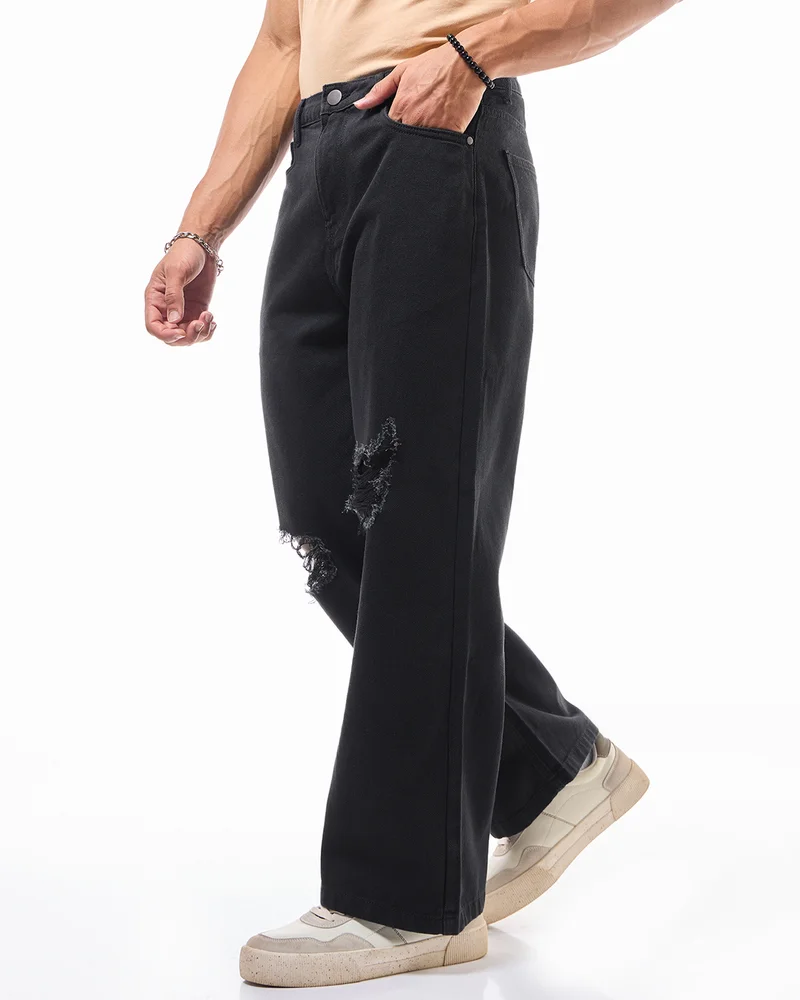 bewakoof Men's Black Baggy Fit Distressed Mid-Rise Jeans