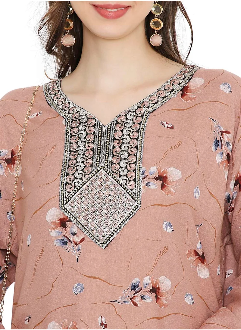 HANA & SARA FLORAL PRINTED WITH SMALL STONE WORK ON EMBROIDERY STYLISH FARASHA KAFTAN JALABIYA DRESSES