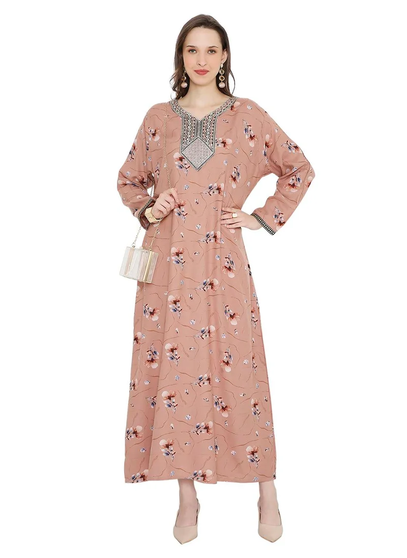 HANA & SARA FLORAL PRINTED WITH SMALL STONE WORK ON EMBROIDERY STYLISH FARASHA KAFTAN JALABIYA DRESSES