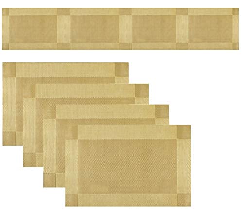 Baskety PVC Table Mats & Table Runner Waterproof, Nonslip for Dining, Kitchen, Coffee Table Placemat (Gold, Set of 4+1 Runner) - Image 5