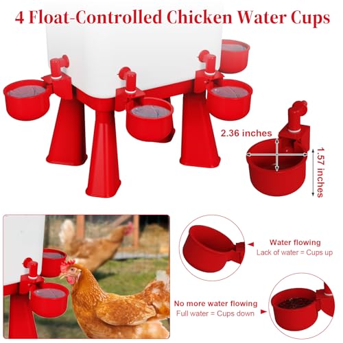 Erinaik Chicken Waterer, 3 Gallons Automatic Chicken Waterers with 5ft Pipe, Float Controlled Automatic Poultry Water Feeder, 5 Chicken Waterer Cups (Red, 3 Gallons) - Image 4