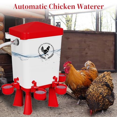 Erinaik Chicken Waterer, 3 Gallons Automatic Chicken Waterers with 5ft Pipe, Float Controlled Automatic Poultry Water Feeder, 5 Chicken Waterer Cups (Red, 3 Gallons) - Image 2
