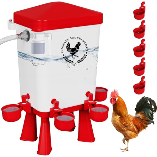 Erinaik Chicken Waterer, 3 Gallons Automatic Chicken Waterers with 5ft Pipe, Float Controlled Automatic Poultry Water Feeder, 5 Chicken Waterer Cups (Red, 3 Gallons) - Image 1