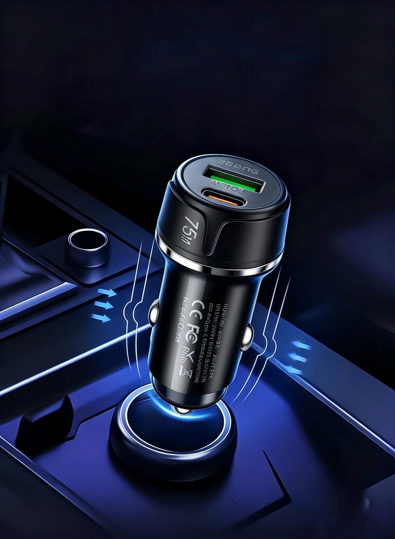 هابينسين شاحن سيارة ثنائي المنافذ USB-A و Type C بقدرة 75 واط، محول سيارة سريع PD45 واط و30 واط مع مؤشر LED، كابل قماشي ملفوف قابل للسحب مدمج 4 في 1 (شحن ونقل بيانات بحد أقصى 240 واط)، متوافق مع iPhone 17/16/15 و Samsung و Huawei و Xiaomi و Apple Watch وسماعات أذن - أسود - Image 2