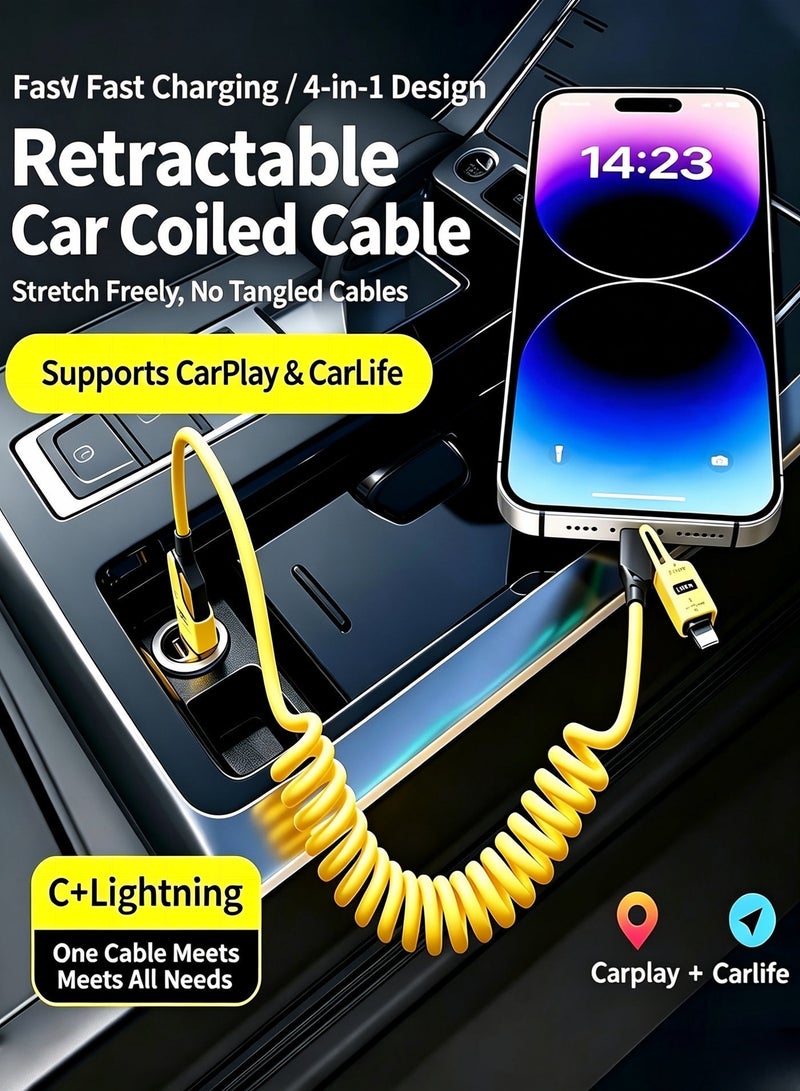هابينسين شاحن سيارة ثنائي المنافذ USB-A و Type C بقدرة 75 واط، محول سيارة سريع PD45 واط و30 واط مع مؤشر LED، كابل قماشي ملفوف قابل للسحب مدمج 4 في 1 (شحن ونقل بيانات بحد أقصى 240 واط)، متوافق مع iPhone 17/16/15 و Samsung و Huawei و Xiaomi و Apple Watch وسماعات أذن - أسود - Image 3