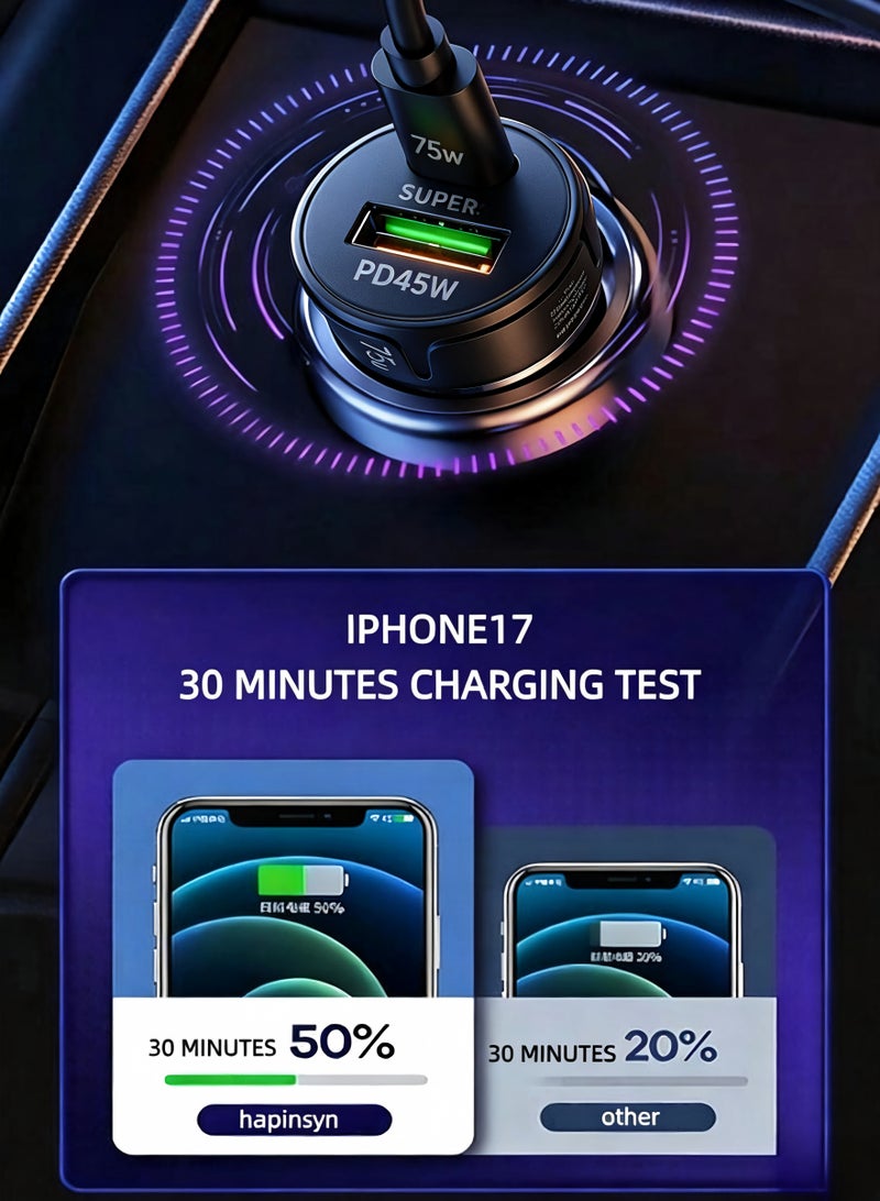 هابينسين شاحن سيارة ثنائي المنافذ USB-A و Type C بقدرة 75 واط، محول سيارة سريع PD45 واط و30 واط مع مؤشر LED، كابل قماشي ملفوف قابل للسحب مدمج 4 في 1 (شحن ونقل بيانات بحد أقصى 240 واط)، متوافق مع iPhone 17/16/15 و Samsung و Huawei و Xiaomi و Apple Watch وسماعات أذن - أسود - Image 4