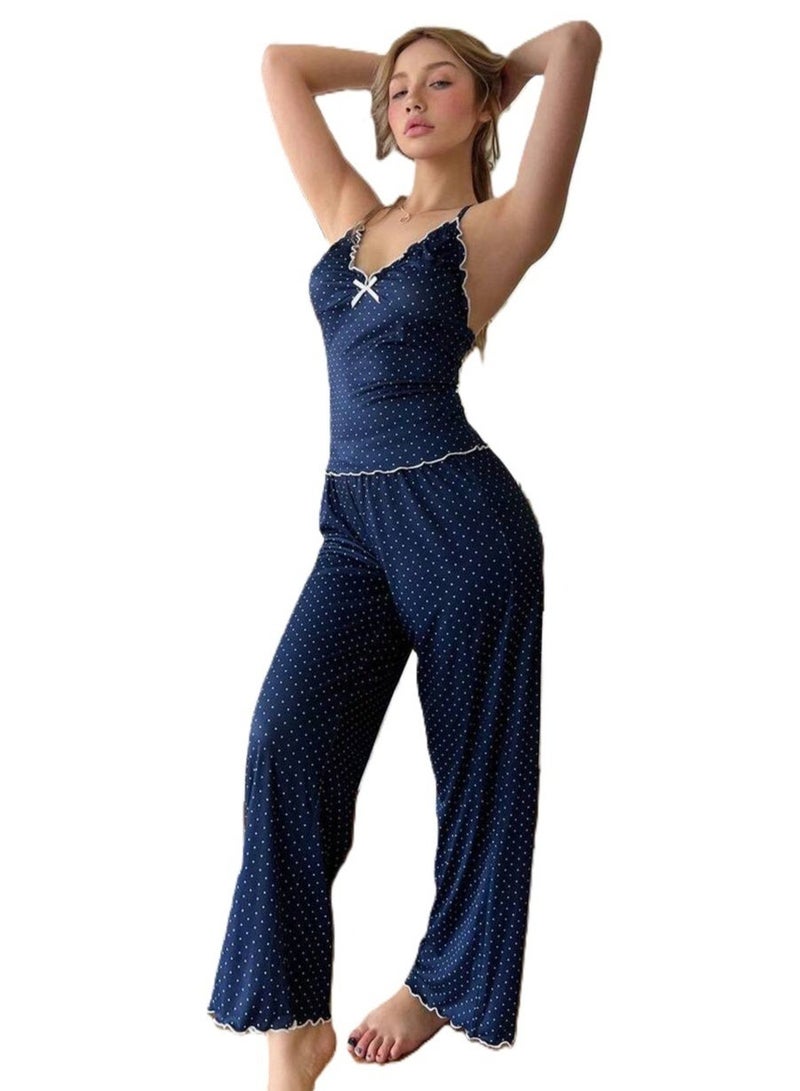 طقم بيجامة نسائي من قطعتين منقط باللون الكحلي - توب كاميسول وبنطلون واسع الساقين - Image 2