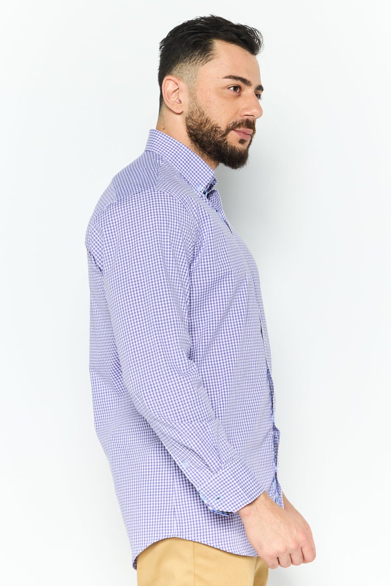Tailorbyrd Men Regular Fit Gingham Long Sleeve Casual Shirt, Purple - Image 2