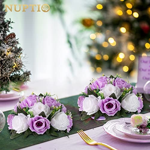 NUPTIO Flower Wedding Centrepieces for Tables - 10 Pcs 9.5in Diameter Lilac & White Artificial Flowers Rose Ball for Centerpieces Table - Fake Rose Arrangements for Weddings Birthday Party Decor - Image 2