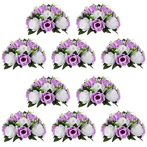 NUPTIO Flower Wedding Centrepieces for Tables - 10 Pcs 9.5in Diameter Lilac & White Artificial Flowers Rose Ball for Centerpieces Table - Fake Rose Arrangements for Weddings Birthday Party Decor - Image 1