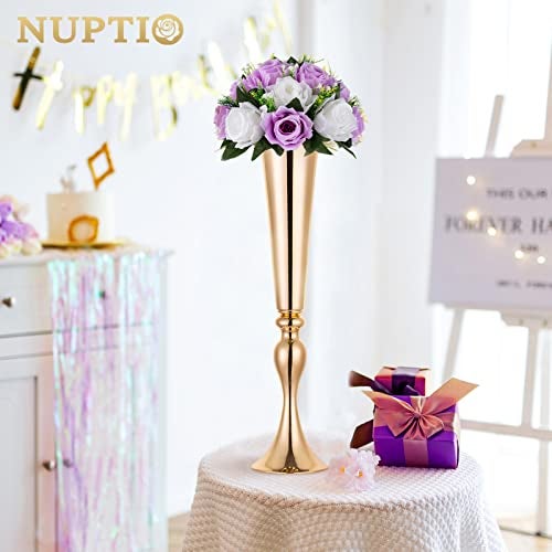NUPTIO Flower Wedding Centrepieces for Tables - 10 Pcs 9.5in Diameter Lilac & White Artificial Flowers Rose Ball for Centerpieces Table - Fake Rose Arrangements for Weddings Birthday Party Decor - Image 4