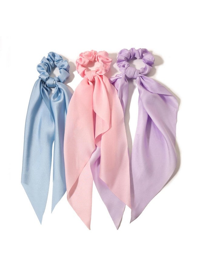 LFOUVRE 3Pcs Hair Scarf Scruncheis For Women Knotted Bow Hair Ties Elastic Bands Satin Hair Ribbon Scrunchy Red Ponytail Holder For Women And Girls (Blue Lilac Pink) - Image 1
