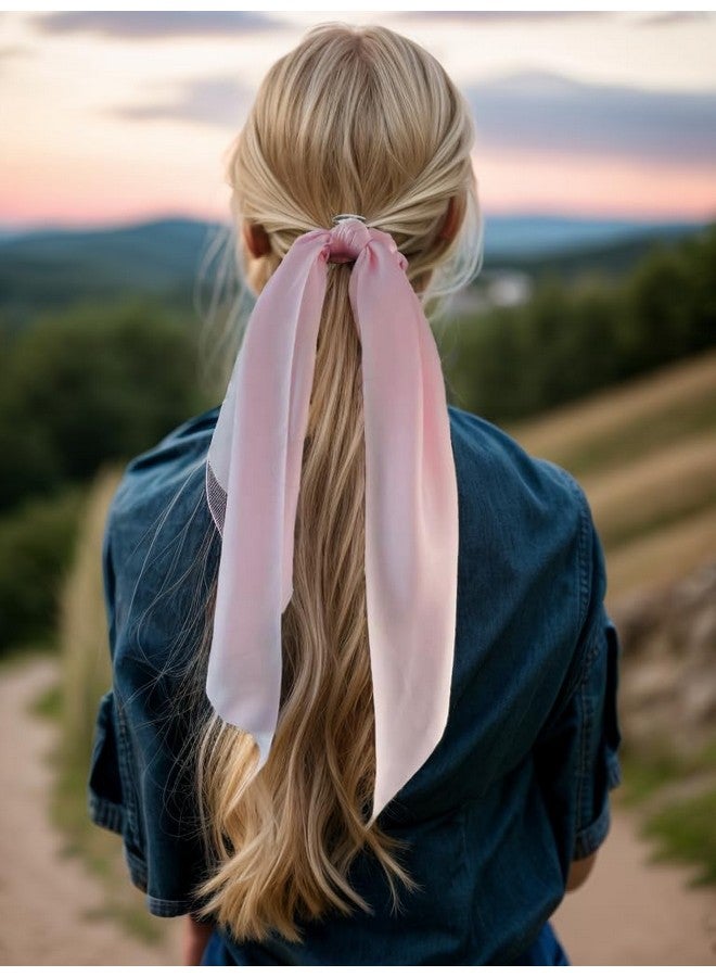 LFOUVRE 3Pcs Hair Scarf Scruncheis For Women Knotted Bow Hair Ties Elastic Bands Satin Hair Ribbon Scrunchy Red Ponytail Holder For Women And Girls (Blue Lilac Pink) - Image 4