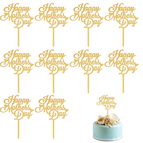 Horuhue Mothers Day Cake Topper 10pcs Acrylic Happy Mothers Day Cupcake Topper for Birthday Party Decoration Supplies Gold - Image 1