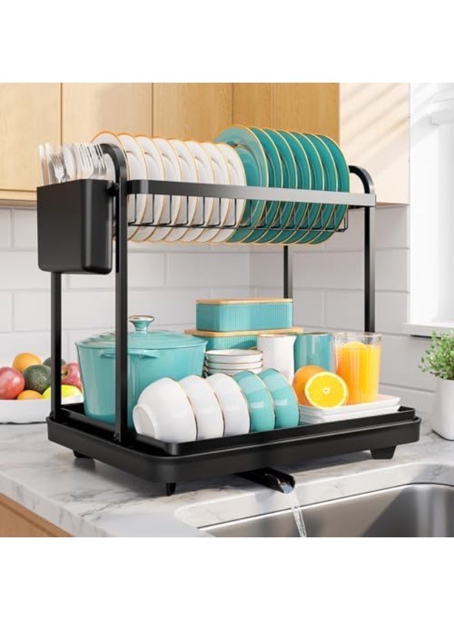 rayze 2-Tier Dish Drying Rack - Stainless Steel Dish Rack with Cutlery & Utensil Holders for Kitchen Counter, Sink Organization and Storage for Small Family, 15" W x 11.4" L x 15" H, Black - Image 1