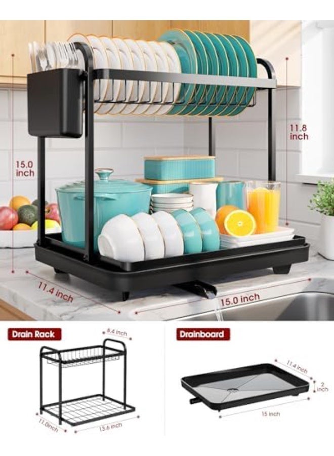 rayze 2-Tier Dish Drying Rack - Stainless Steel Dish Rack with Cutlery & Utensil Holders for Kitchen Counter, Sink Organization and Storage for Small Family, 15" W x 11.4" L x 15" H, Black - Image 4