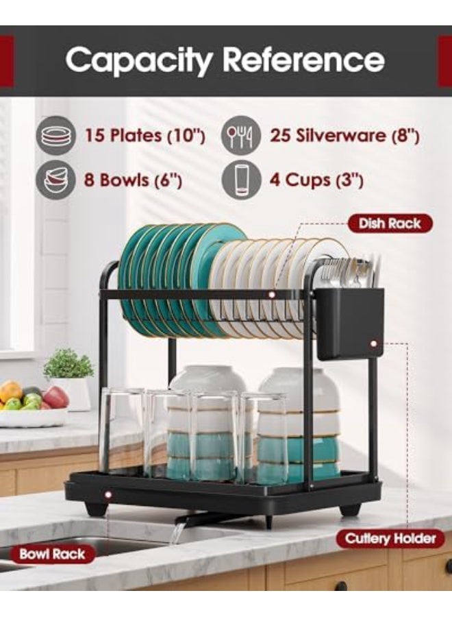 rayze 2-Tier Dish Drying Rack - Stainless Steel Dish Rack with Cutlery & Utensil Holders for Kitchen Counter, Sink Organization and Storage for Small Family, 15" W x 11.4" L x 15" H, Black - Image 2
