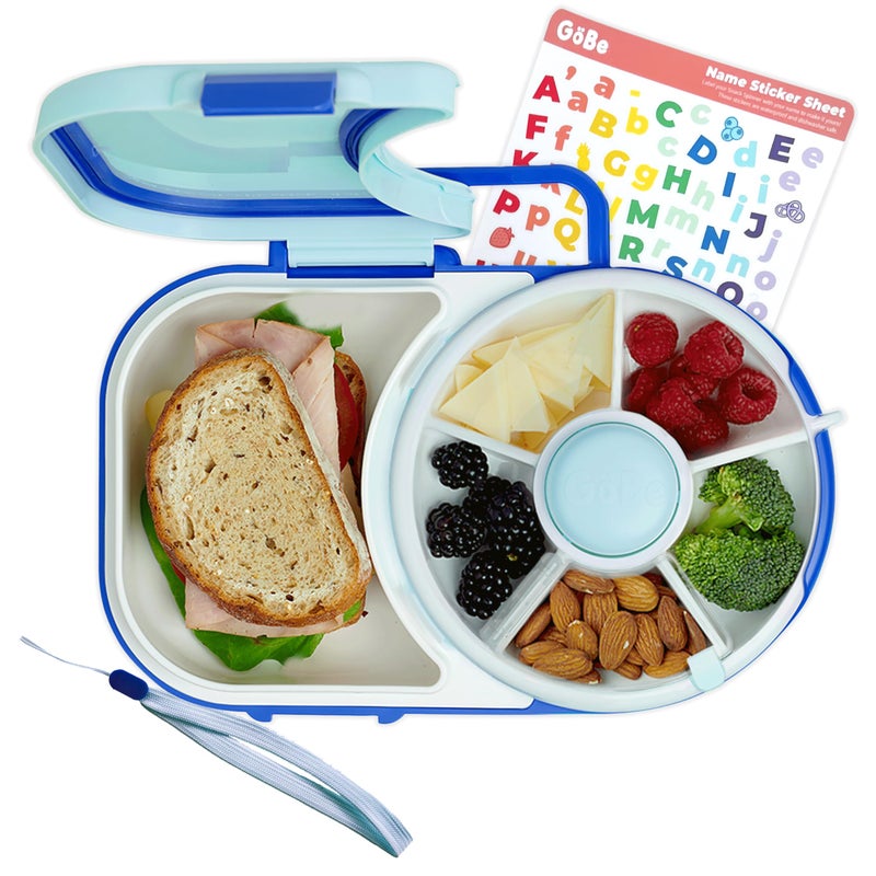 GoBe Kids Lunchbox with Small Snack Spinner Flip  Bundle with Hand Strap  Sticker Sheet 2in1 Bento Style Lunch Container 5 Small 1 Large Sandwich Compartment BPA  PVC Free Macaron Blue
