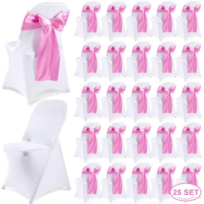 50 PCS FOLDING CHAIR COVER SET WITH 25 STRETCH SPANDEX SLIPCOVERS 25 SATIN CHAIR SASHES BOWS RIBBON WASHABLE BANQUET PROTECTOR FOR WEDDING EVENT PARTYWHITE PINK