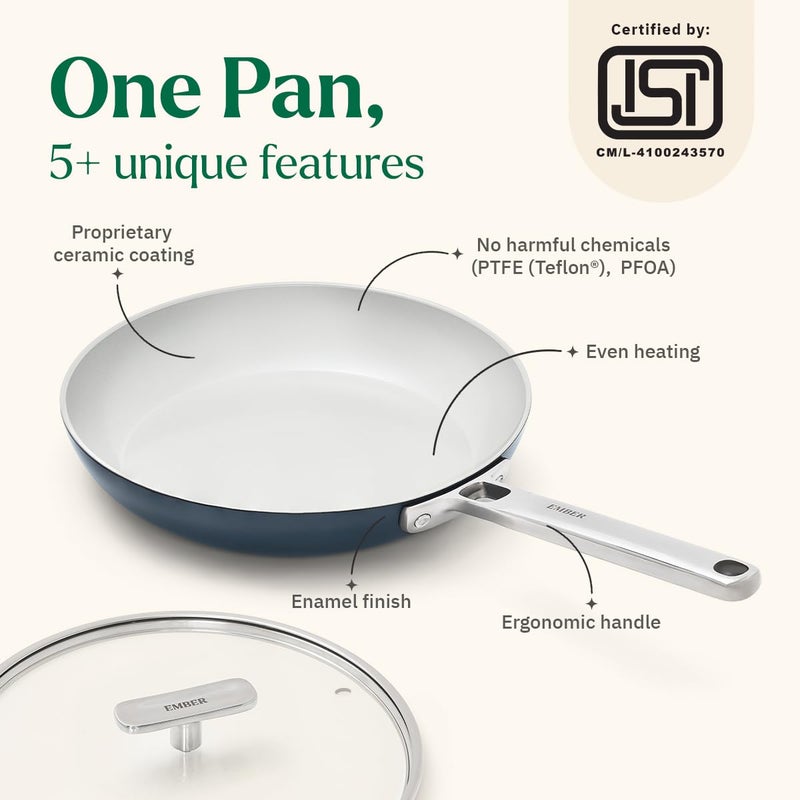 Ember Cookware مقلاة بيض سيراميك أركيلا 20 سم | مقلاة أومليت غير لاصقة وغير سامة مع غطاء زجاجي | معتمدة من ISI | مقلاة طهي سيراميك | مقبض فولاذي | خالية من PFAS و PTFE | آمنة للاستخدام على الحث | زرقاء - Image 2