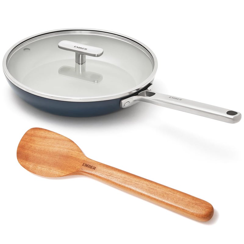 Ember Cookware مقلاة بيض سيراميك أركيلا 20 سم | مقلاة أومليت غير لاصقة وغير سامة مع غطاء زجاجي | معتمدة من ISI | مقلاة طهي سيراميك | مقبض فولاذي | خالية من PFAS و PTFE | آمنة للاستخدام على الحث | زرقاء - Image 1