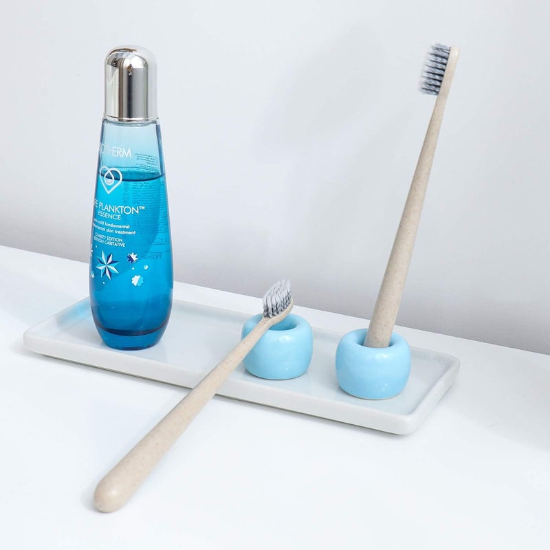 amoon Mini Ceramic Toothbrush Holder for Bathroom - Blue Small Countertop Organizer, Easy Clean Toothbrush Stand, Suit for Electric Toothbrush Head, Pens & Coffee Spoon, Pack of 2 - Image 5