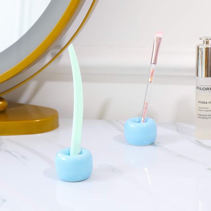 amoon Mini Ceramic Toothbrush Holder for Bathroom - Blue Small Countertop Organizer, Easy Clean Toothbrush Stand, Suit for Electric Toothbrush Head, Pens & Coffee Spoon, Pack of 2 - Image 3
