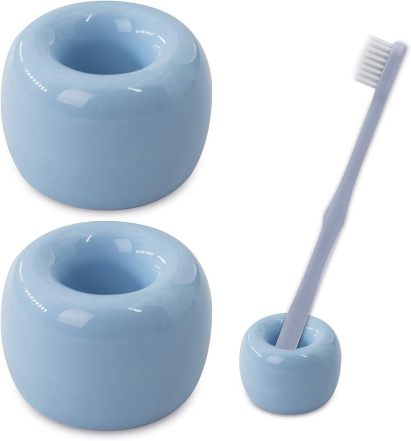 amoon Mini Ceramic Toothbrush Holder for Bathroom - Blue Small Countertop Organizer, Easy Clean Toothbrush Stand, Suit for Electric Toothbrush Head, Pens & Coffee Spoon, Pack of 2 - Image 1