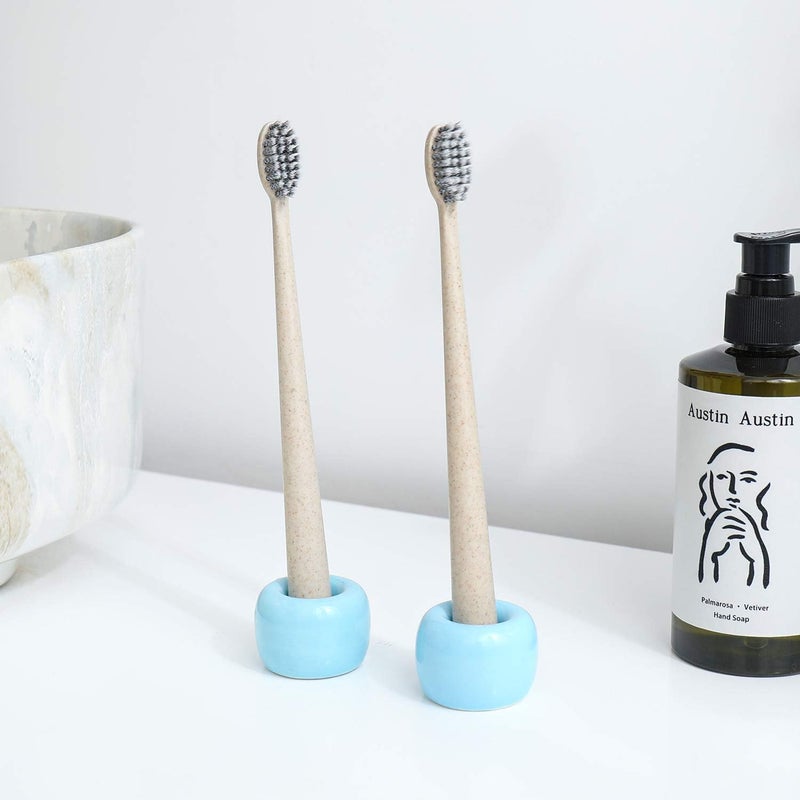 amoon Mini Ceramic Toothbrush Holder for Bathroom - Blue Small Countertop Organizer, Easy Clean Toothbrush Stand, Suit for Electric Toothbrush Head, Pens & Coffee Spoon, Pack of 2 - Image 4