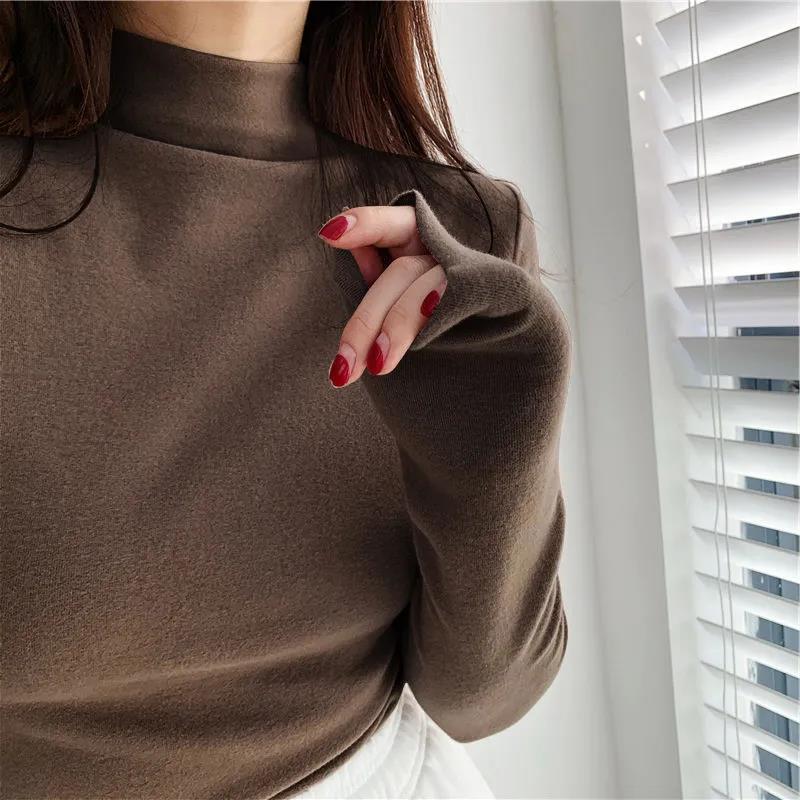Dual-Sided Fleece Turtleneck Womens Winter Thermal Long-Sleeve Top Coffee [high quality double-sided velvet]]
