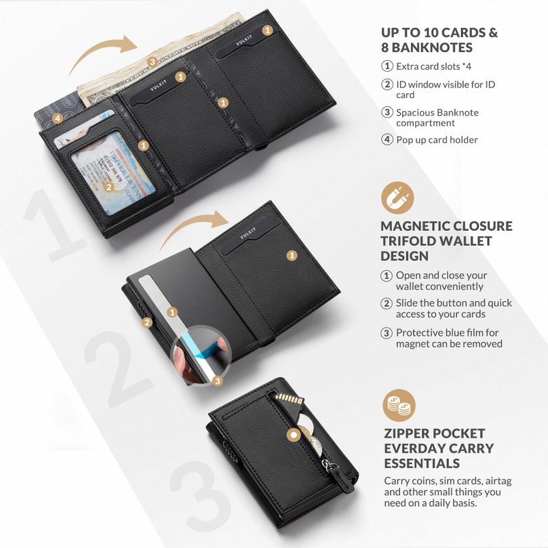 VULKIT محفظة حامل بطاقات VULKIT مع جيب عملة وإغلاق مغناطيسي وبطاقات منبثقة مع نافذة هوية محفظة جلدية للنقود وبطاقات الائتمان، أسود محبب - Image 2