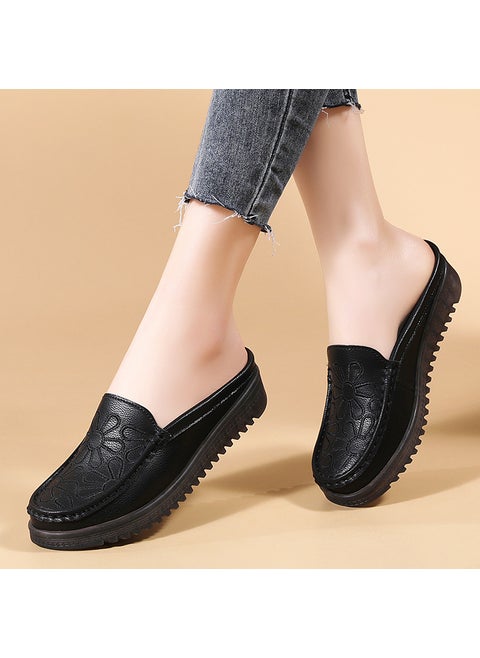 Lightweight Casual Flat Shoes Womens Round-toe Soft Slip-on Embroidered Half Slippers Womens All-match Simple Beans Shoes for Women Black