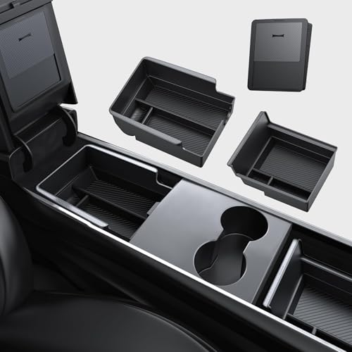 BASENOR 3PCS Tesla Model Y Model 3 Center Console Organizer [Carbon Fiber Edition] Armrest Hidden Storage Box, Custom for Model Y 2021-2024 Tesla Model 3 2021-2023, Tesla Interior Accessories - Image 1