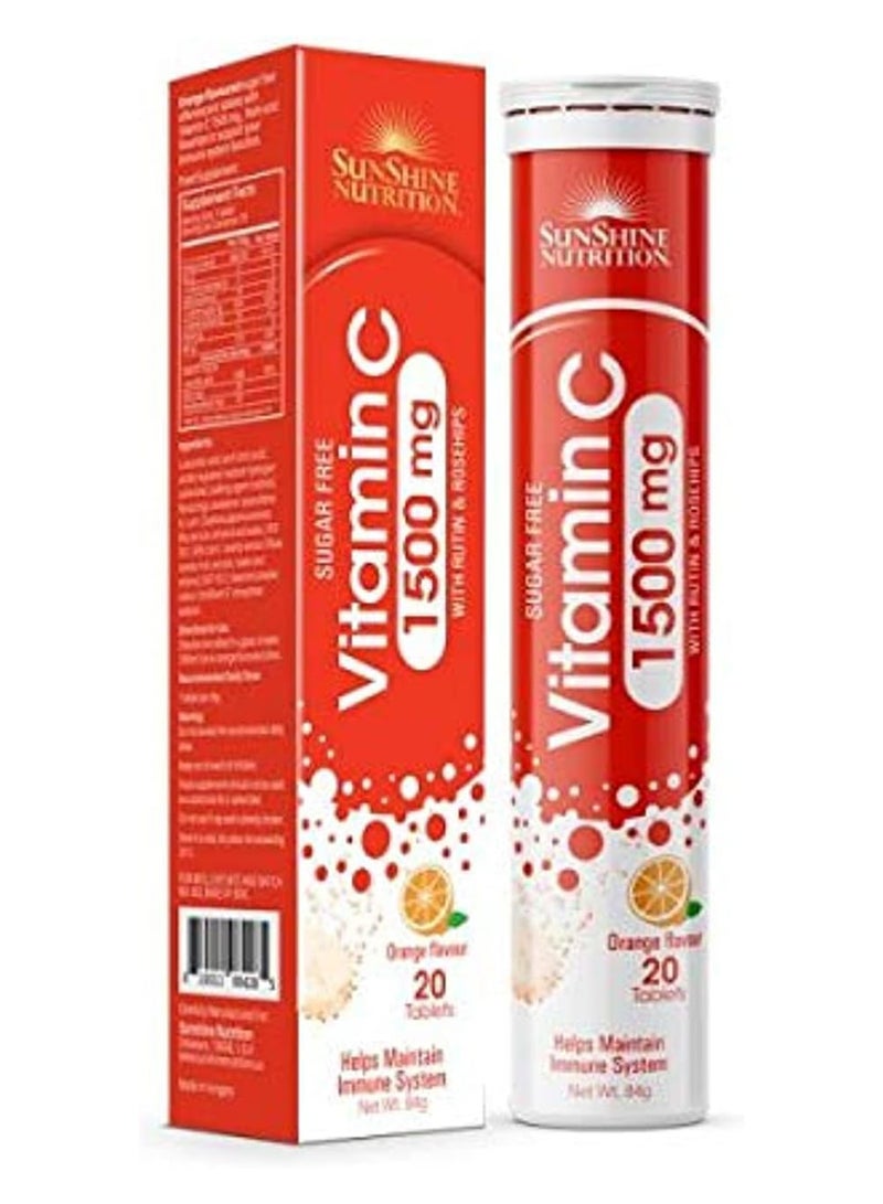 SUNSHINE NUTRITION أقراص فوارة فيتامين سي 1500 ملجم مكمل غذائي غني بالروتين وثمر الورد يدعم الحفاظ على الجهاز المناعي بنكهة البرتقال 20 قرصًا 80 جرامًا - Image 1