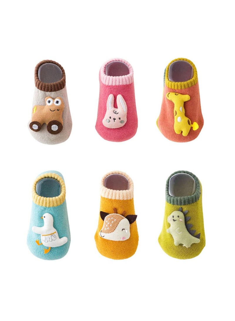 KASTWAVE 6Pcs Baby Non-skid Grip Socks, Kids Cartoon Cute Floor Ankle Socks with Grips, Cotton Animal Socks for Infants Toddlers Girls Boys 1-3 Years, M Size - Image 1