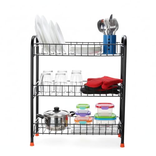 Namani 3 Tier Foldable Black Multipurpose Rack for Kitchen & Bathroom – Heavy Metal Storage Rack Shelf Organizer for Plates, Utensils, Toiletries & Storage, Space Saver - Image 1
